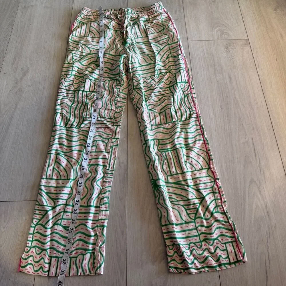 Zara Linen Blend Graffiti Print Pant  Cream Green Pink Jogger Pajama Trouser siz